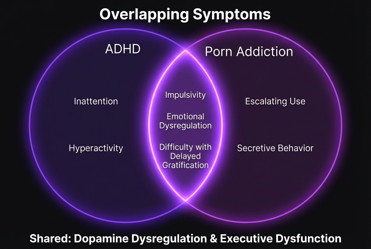 Venn diagram showing overlapping symptoms between ADHD and porn addiction, with impulsivity, emotional dysregulation, and difficulty with delayed gratification in the shared zone
