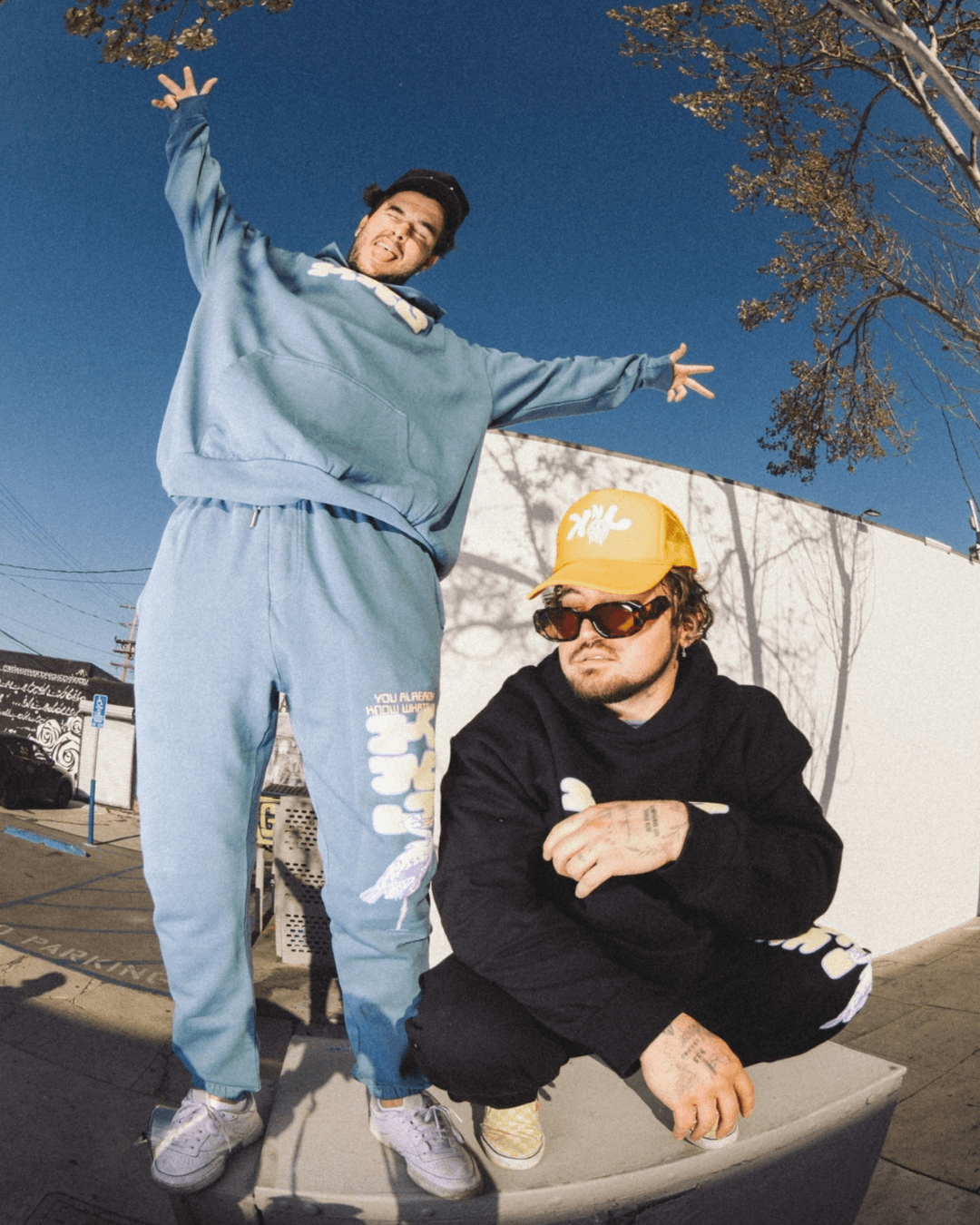 Two individuals pose outdoors; one stands with arms outstretched, and the other sits with a playful gesture.