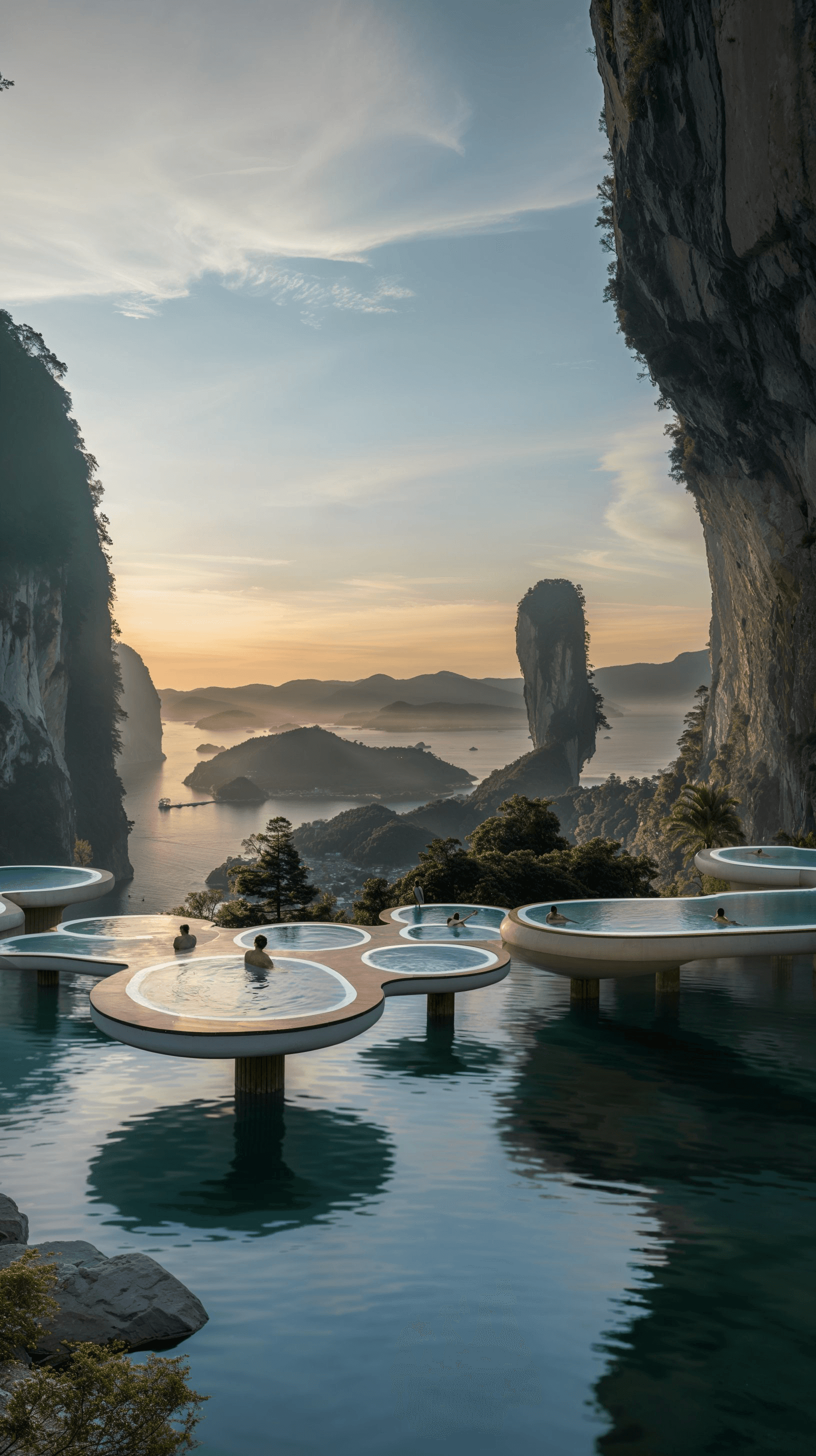 Futuristic circular pools suspended over water, with people swimming, against a scenic mountain and ocean landscape, designed by WGXYZ.