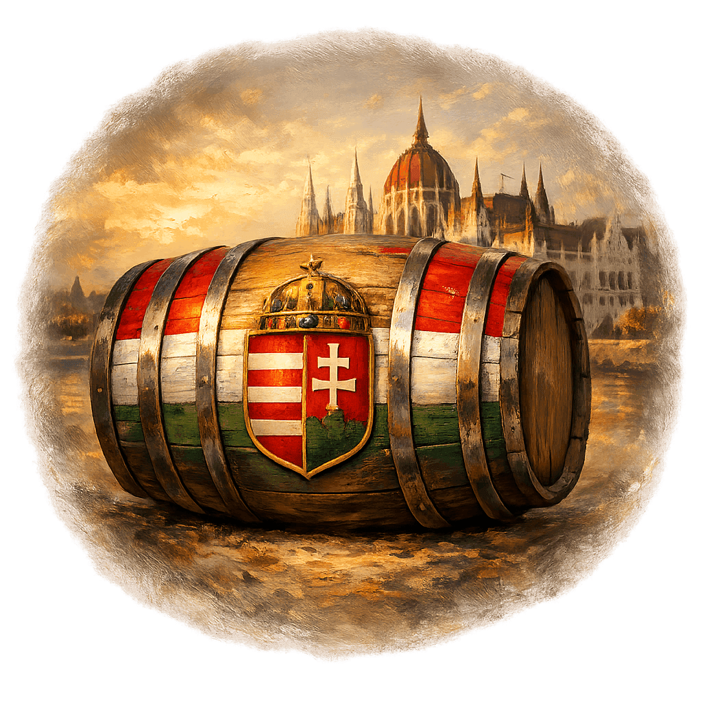 Wine barrel featuring the Hungary national emblem for regional wine education.