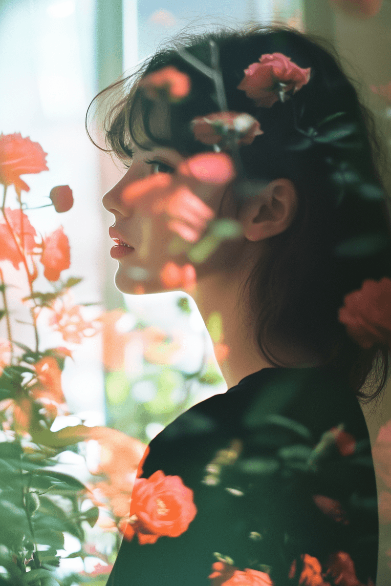 woman with blurred blooming portrait