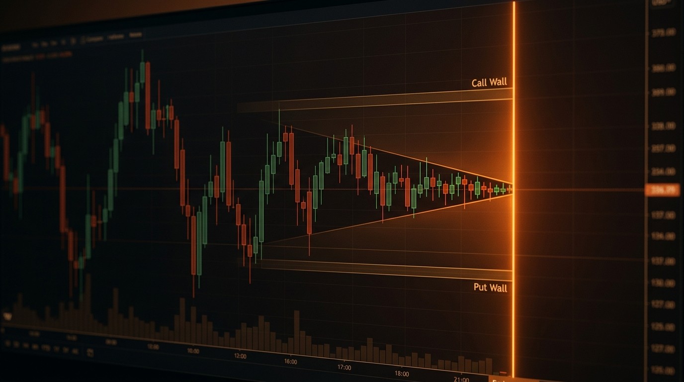 Candlestick chart compressing into a narrowing range as price approaches the expiry boundary line.
