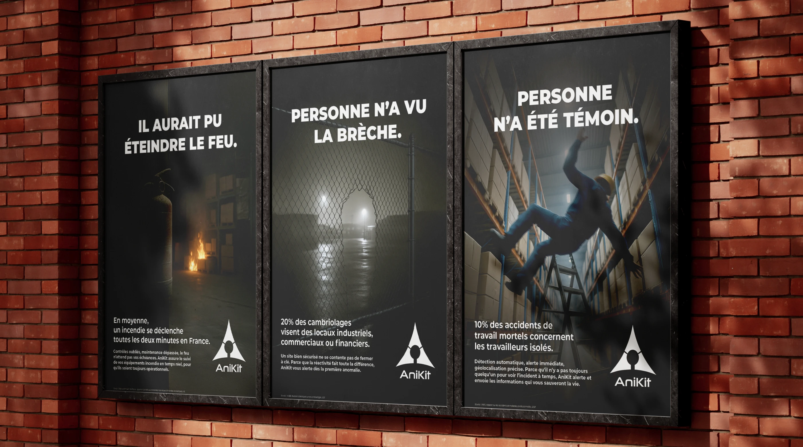 Mockup affiche de sensibilisation AniKit "Il aurait pu éteindre le feu" — campagne prévention incendie milieu industriel, approche problem first, direction artistique Tartelette Concept Toulouse
