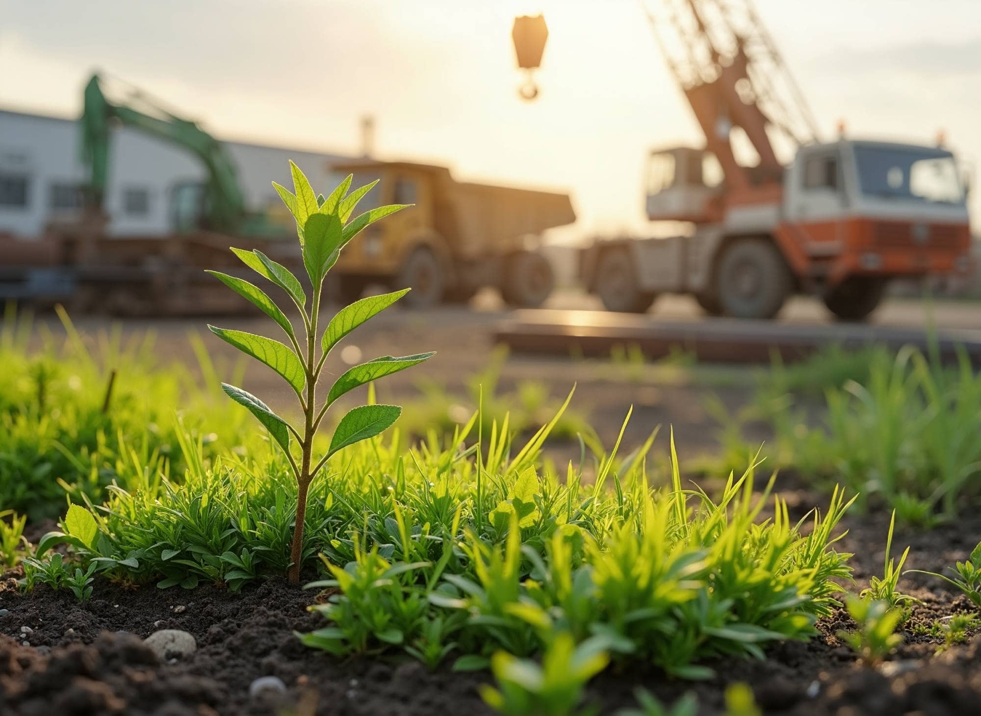 Gros plan d'une jeune plante verte et d'herbe qui pousse sur un sol sombre au premier plan. L'arrière-plan, flou et en contre-jour sous un soleil couchant ou levant, montre de la machinerie lourde de chantier (une benne et une grue), symbolisant l'intégration de la nature et de l'industrie.