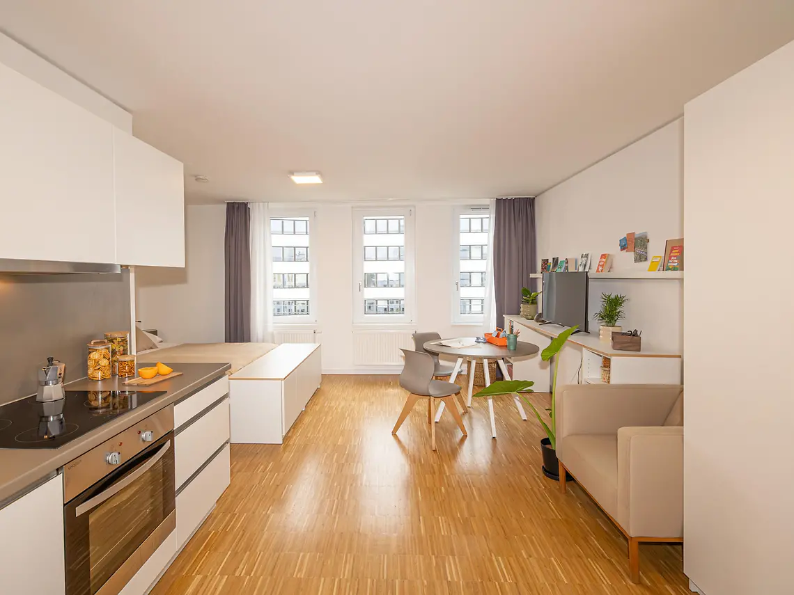 Large student studio in Frankfurt with kitchen, dining area and living space