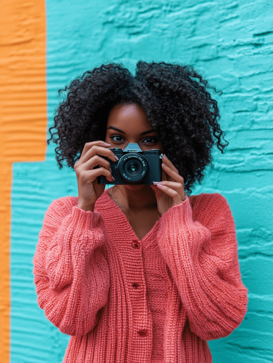 A content creator holding a camera against a colorful teal and orange wall, symbolizing creativity and authenticity in influencer marketing and branded content creation.