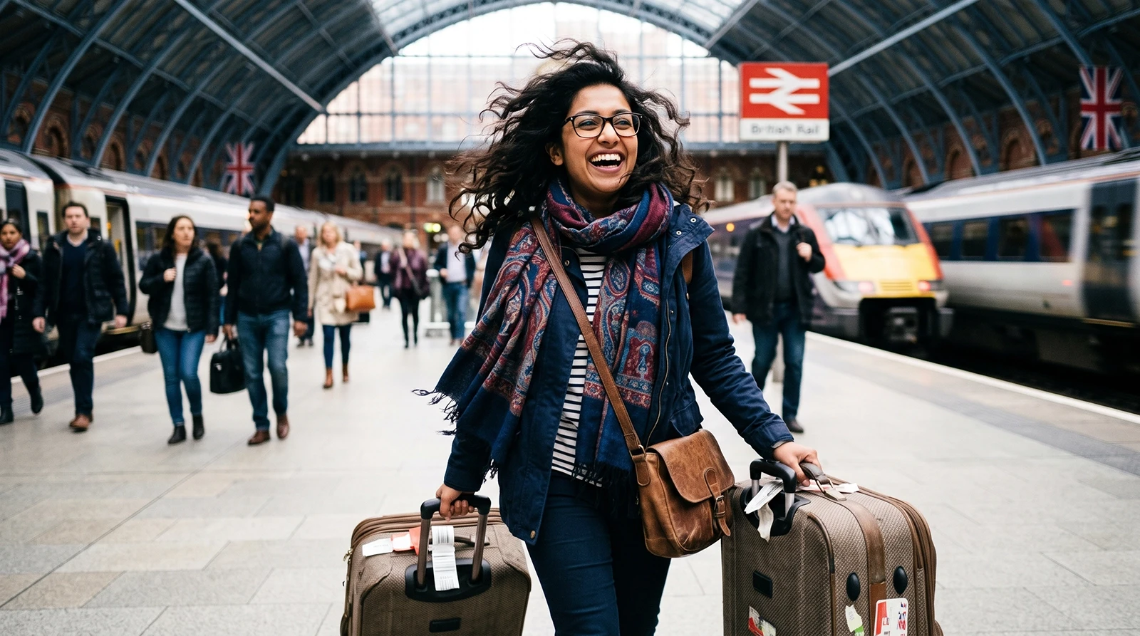 Happy diverse woman with luggage at London train station representing mediareach multicultural travel marketing