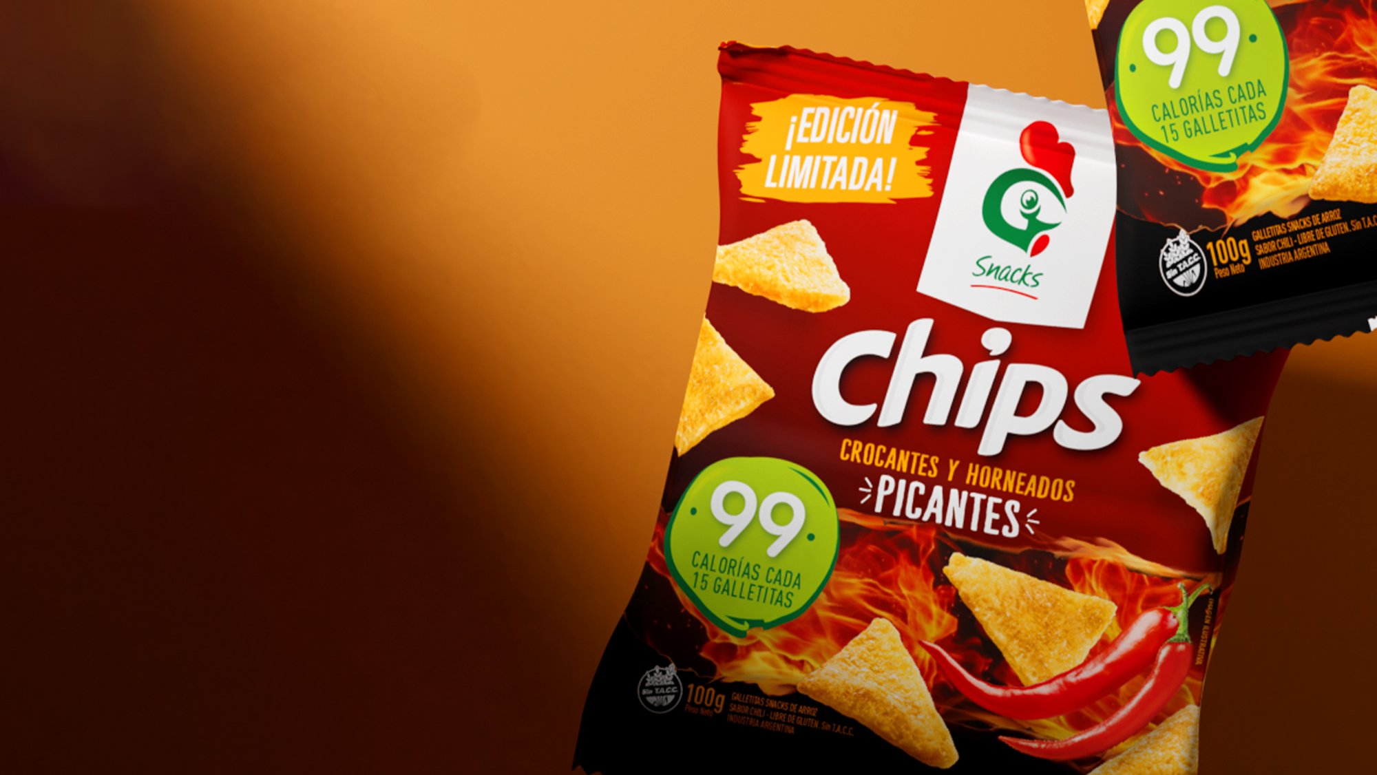 Limited edition spicy chips packaging, featuring a vibrant red design with chili peppers and triangular chips. Text highlights 99 calories per 15 chips.