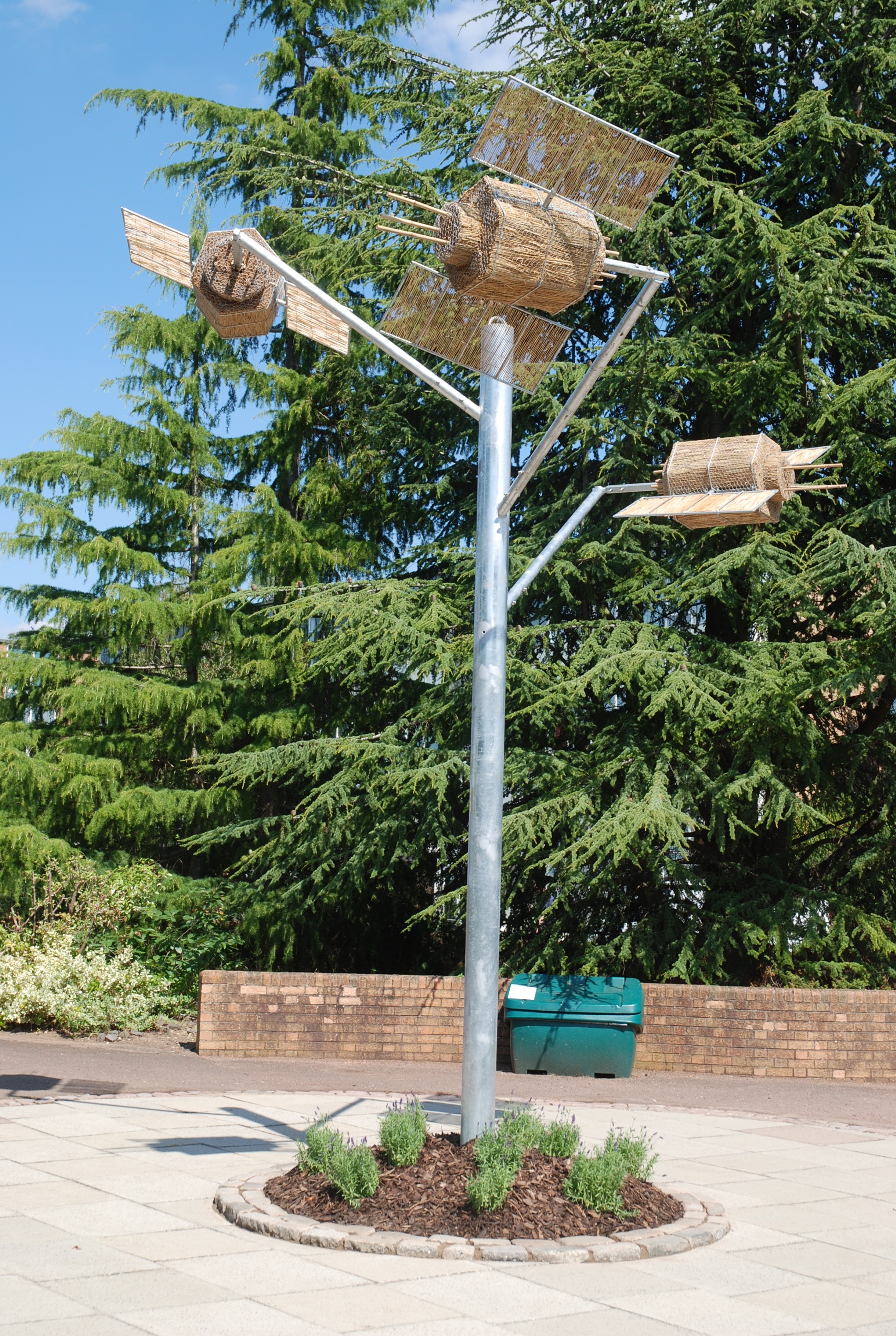 Outdoor sculptural public art satellites installation