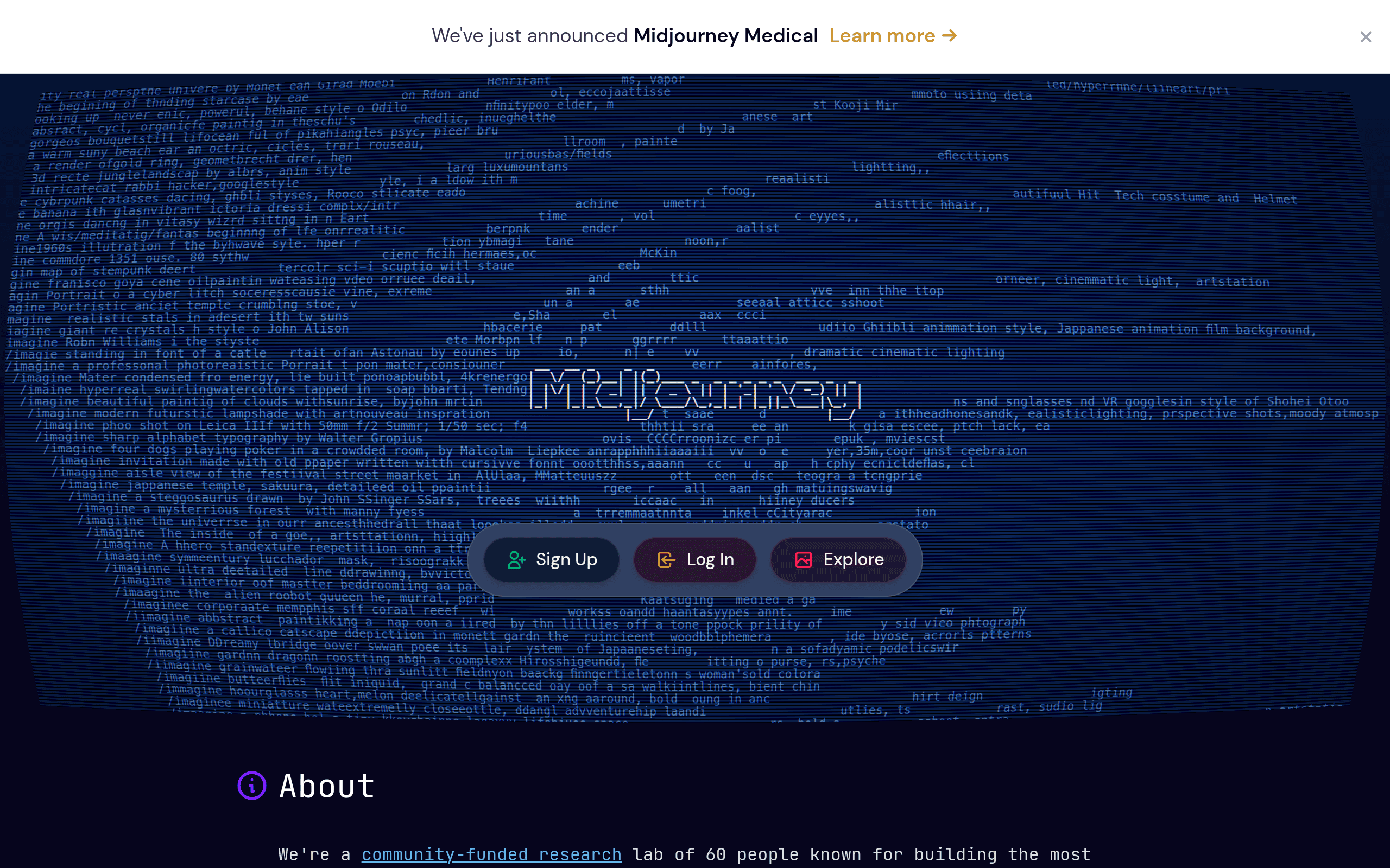 Midjourney homepage for concept and editorial fashion imagery