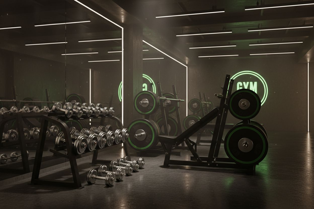 Mancuernas y barras organizadas en un gimnasio