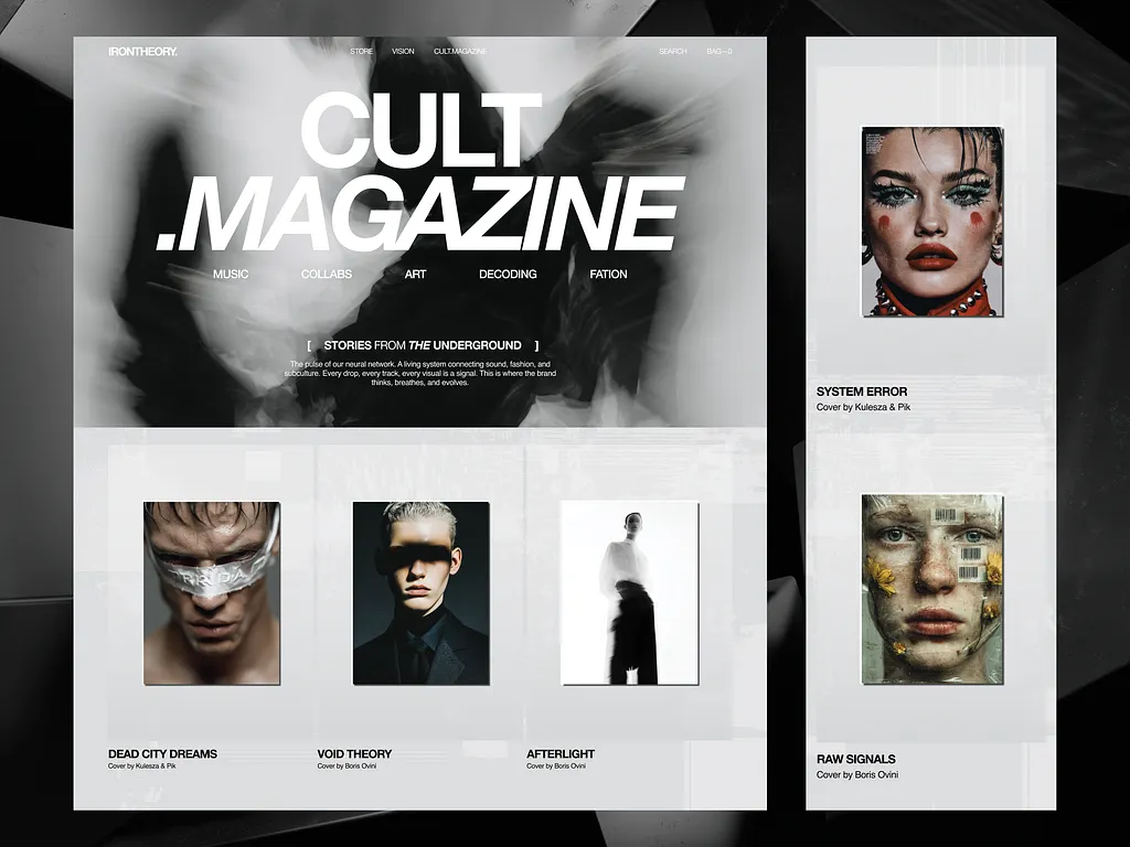 Editorial magazine website layout for CULT Magazine featuring a bold hero section, underground culture themes, fashion and art categories, and featured cover stories.