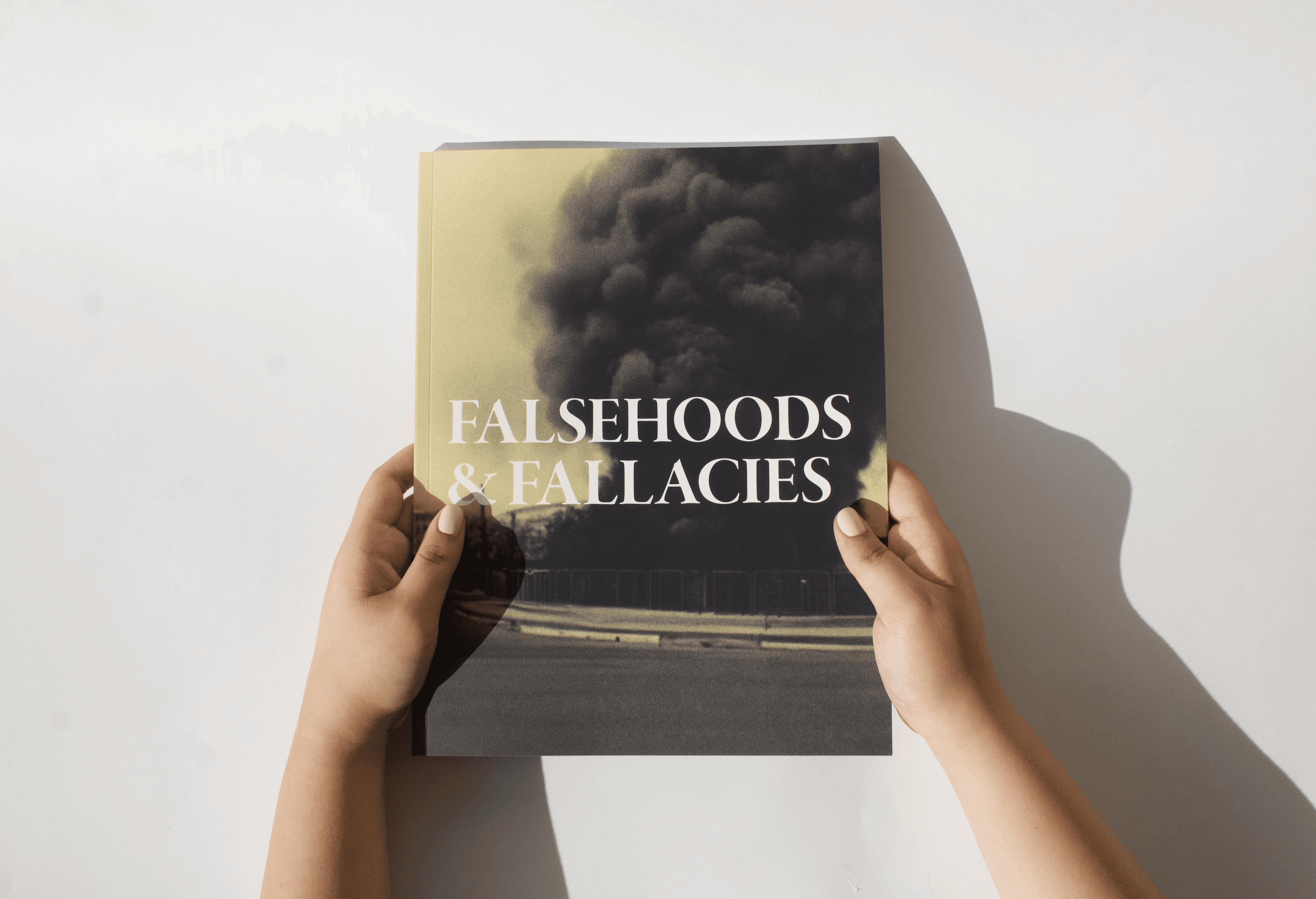 Person holding the Falsehoods & Fallacies book, showing the cover design.