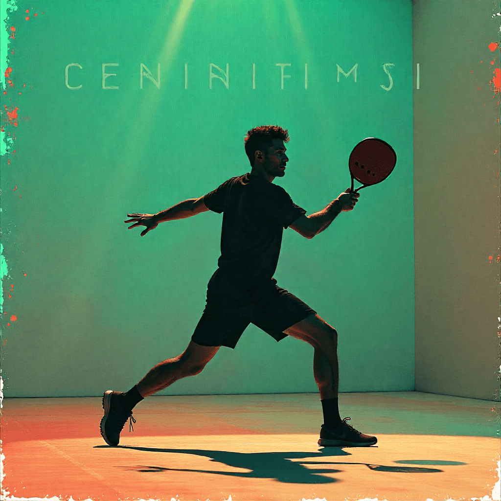 A person in athletic clothing is poised to hit a pickleball with a paddle in a brightly lit, modern indoor court, against a backdrop with abstract text.