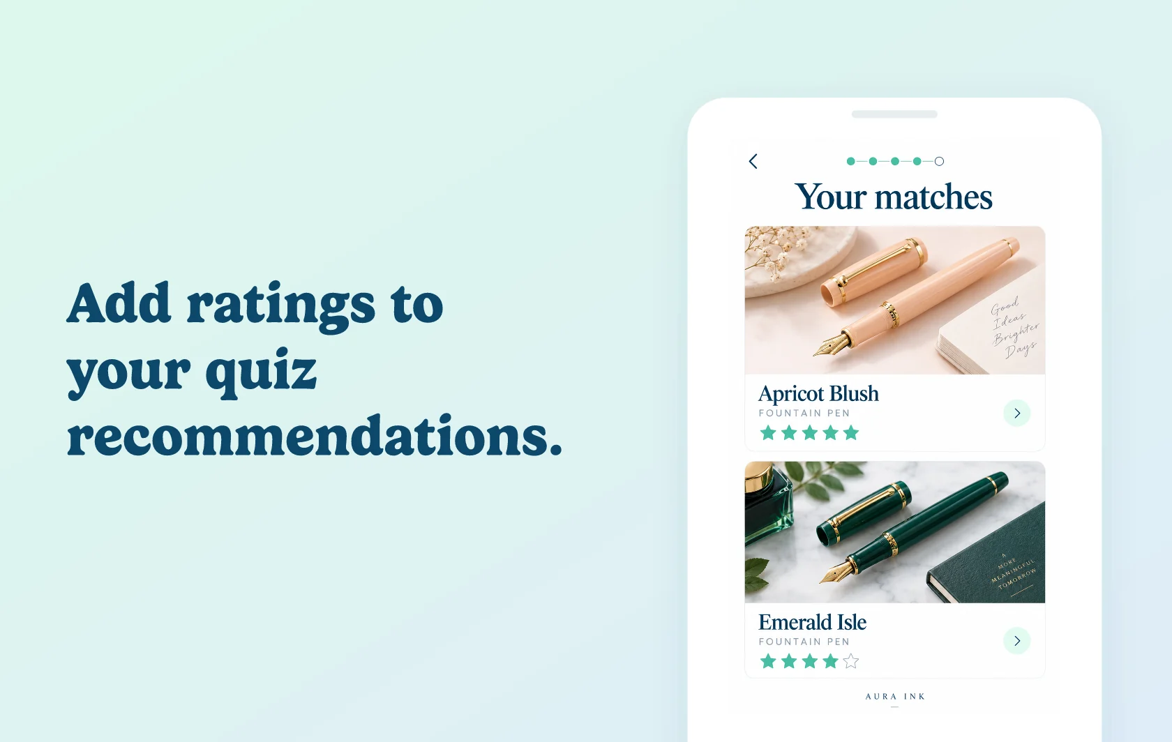 Judge.me and Lantern integration: illustration of quiz results with star ratings beside two recommended fountain pens.