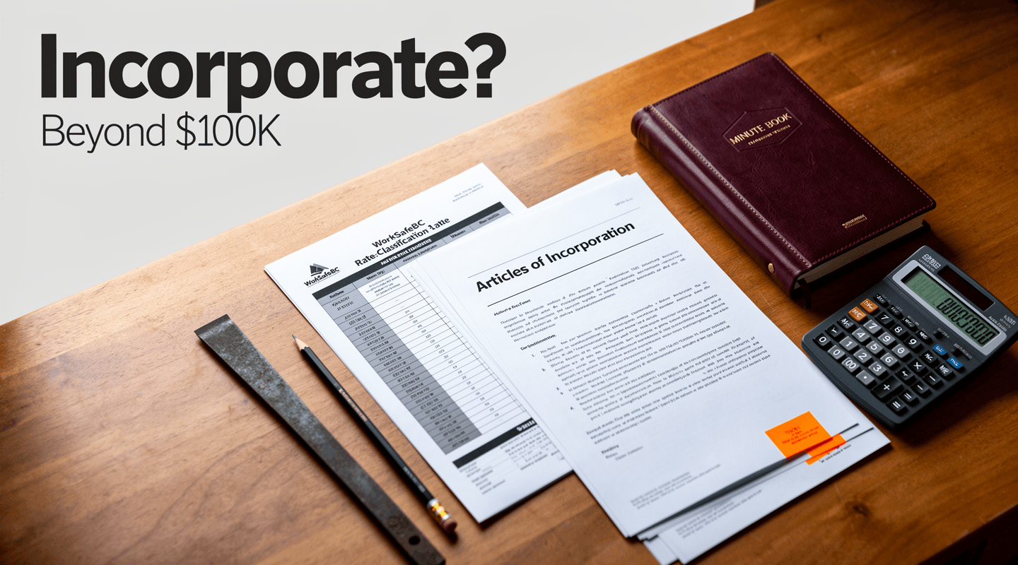 An established tradesperson at a desk reviewing incorporation documents alongside a WorkSafeBC classification table