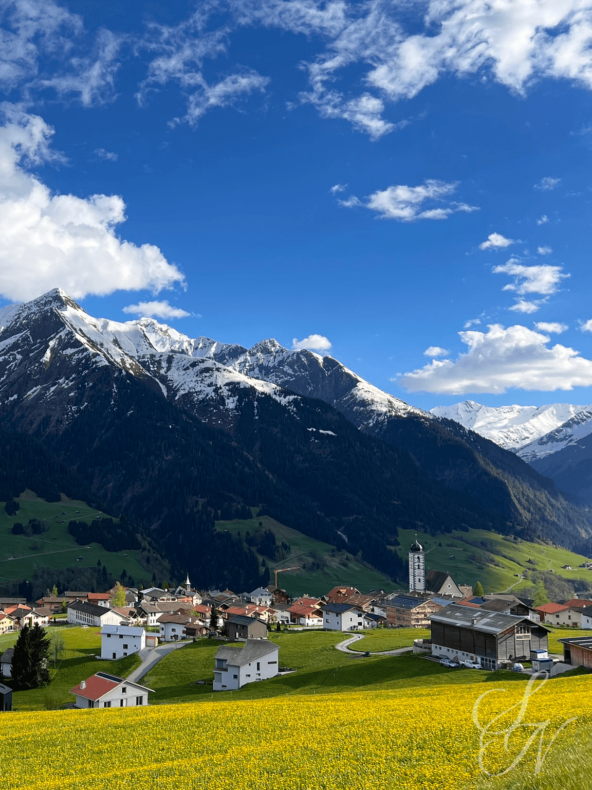 View of the Swiss village of Lumbrein.