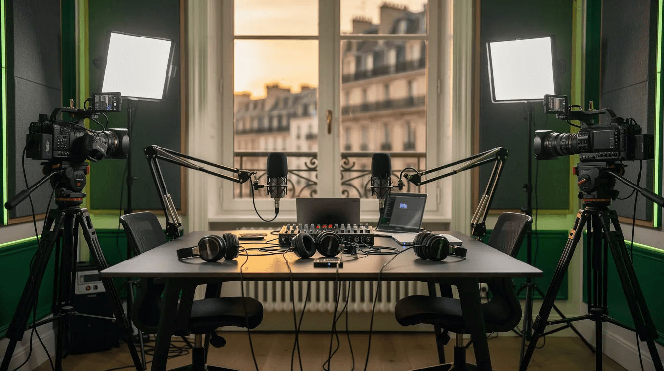 L'image présente un studio de podcast à Paris, équipé de caméras haut de gamme et de micros de qualité, baigné dans une lumière LED douce. Cet environnement professionnel est idéal pour les créateurs et entrepreneurs souhaitant enregistrer des contenus audio et vidéo captivants.