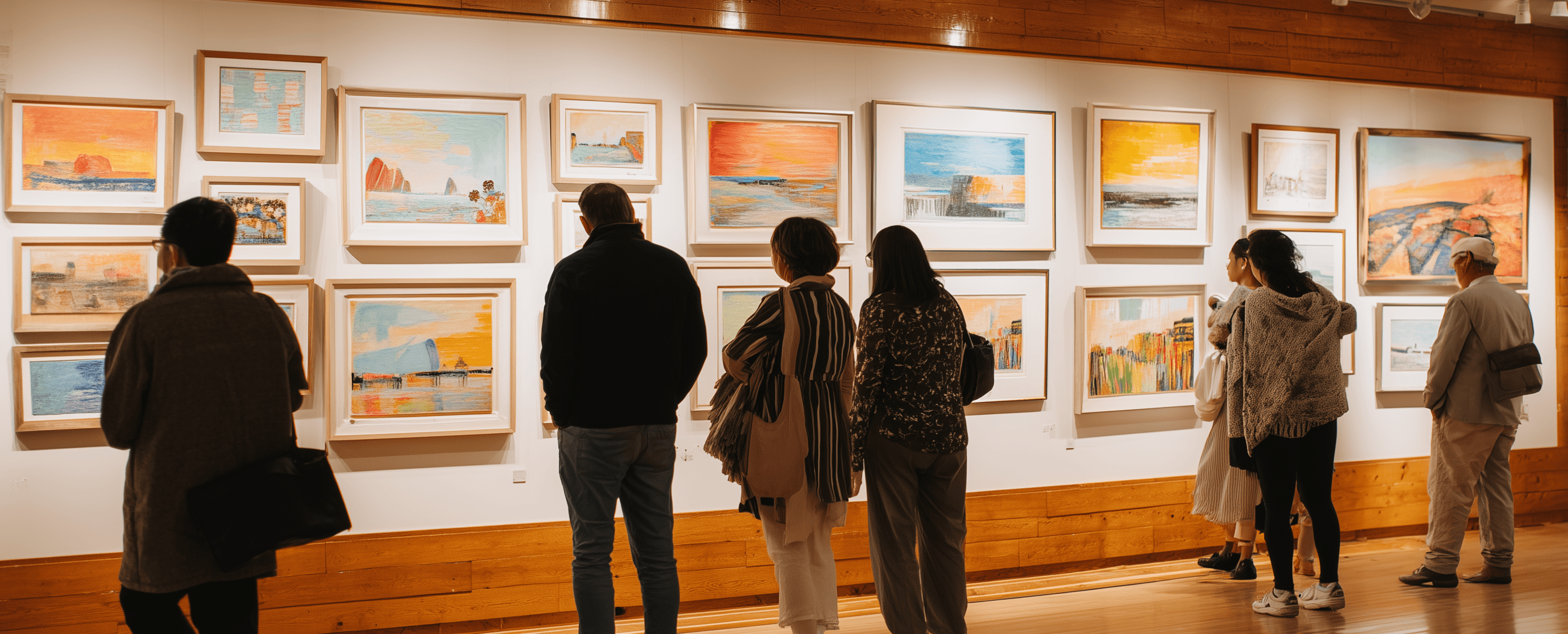 Group of people viewing patingings in a gallery