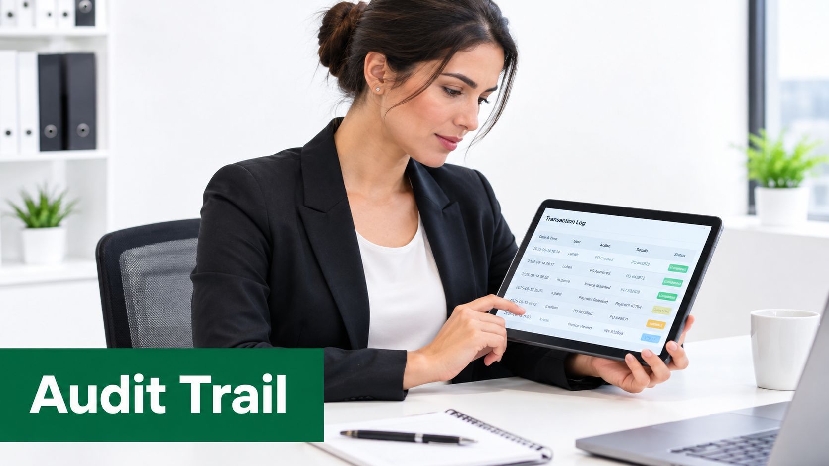 A professional woman in a suit pointing at an audit trail transaction log on a digital tablet.