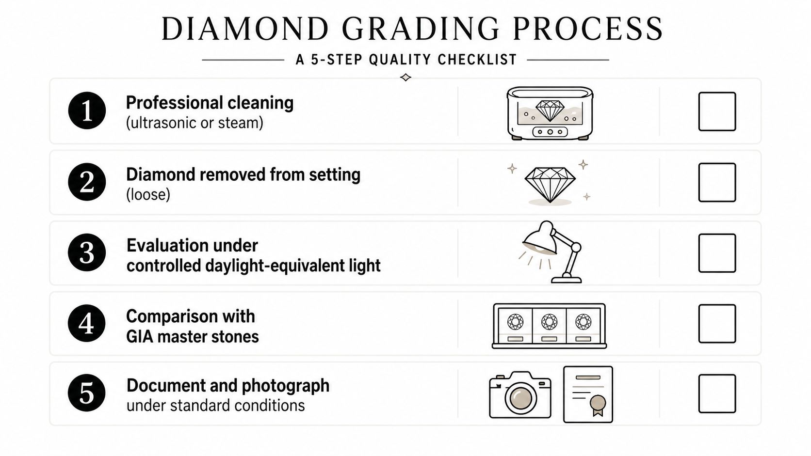 A five step diamond grading process checklist shown with professional icons for cleaning, evaluation, and documentation.