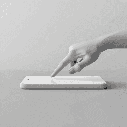 3d Visualisierung einer Hand die auf ein Smartphone zeigt.