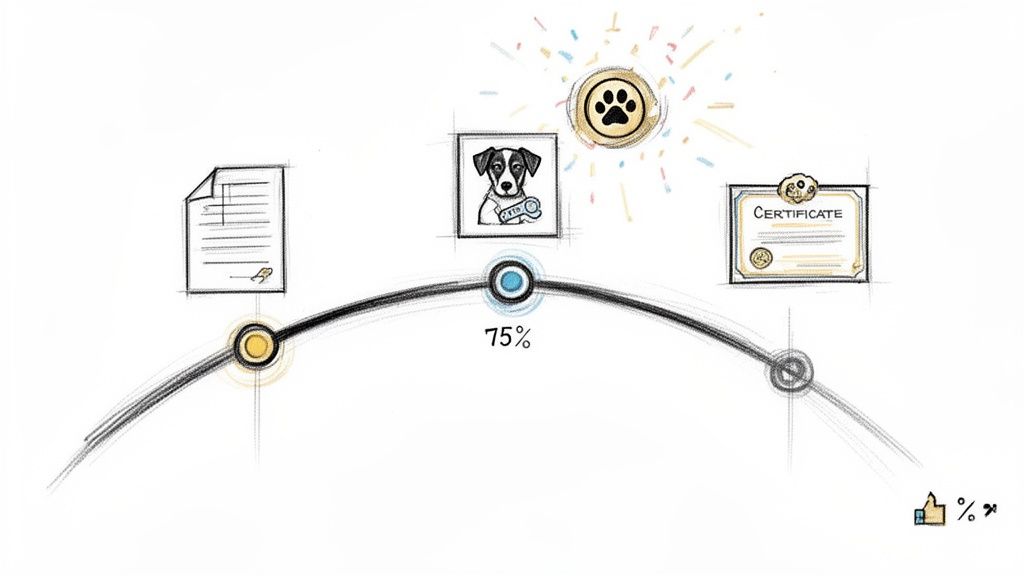 An illustrated timeline shows document, dog profile (75% complete), and certificate, representing a client onboarding process.