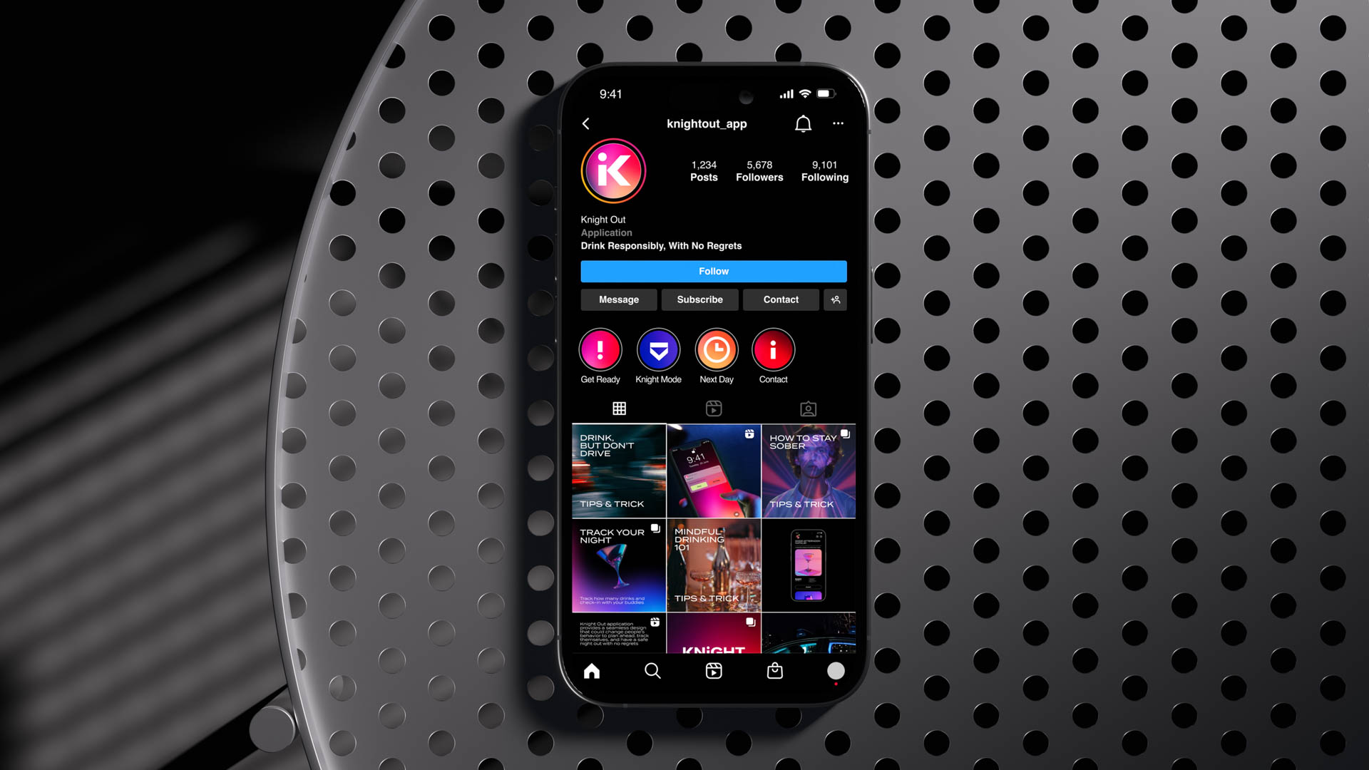 A smartphone displays a grid of app icons on its screen. The top row shows "Knightsoft App," "1,234 Posts," "5,678 Followers," and "9,101 Following." The second row displays "Applications," "Knight Mode," "Next Day," and "Contact." The third row shows "Dashboard," "Knight Mode," "Next Day," and "Contact." The fourth row displays "Knightsoft," "Dashboard," "Knight Mode," "Next Day," and "Contact." The fifth row shows "Knightsoft," "Dashboard," "Knight Mode," "Next Day," and "Contact." The sixth row displays "Knightsoft," "Dashboard," "Knight Mode," "Next Day," and "Contact." The seventh row shows "Knightsoft," "Dashboard," "Knight Mode," "Next Day," and "Contact." The eighth row displays "Knightsoft," "Dashboard," "Knight Mode," "Next Day," and "Contact." The ninth row shows "Knightsoft," "Dashboard," "Knight Mode," "Next Day," and "Contact." The tenth row displays "Knightsoft," "Dashboard," "Knight Mode," "Next Day," and "Contact." The eleventh row shows "Knightsoft," "Dashboard," "Knight Mode," "Next Day," and "Contact." The twelfth row displays "Knightsoft," "Dashboard," "Knight Mode," "Next Day," and "Contact." The thirteenth row shows "Knightsoft," "Dashboard," "Knight Mode," "Next Day," and "Contact." The fourteenth row displays "Knightsoft," "Dashboard," "Knight Mode," "Next Day," and "Contact." The fifteenth row shows "Knightsoft," "Dashboard," "Knight Mode," "Next Day," and "Contact." The sixteenth row displays "Knightsoft," "Dashboard," "Knight Mode," "Next Day," and "Contact." The seventeenth row shows "Knightsoft," "Dashboard," "Knight Mode," "Next Day," and "Contact." The eighteenth row displays "Knightsoft," "Dashboard," "Knight Mode," "Next Day," and "Contact." The nineteenth row shows "Knightsoft," "Dashboard," "Knight Mode," "Next Day," and "Contact." The twentieth row displays "Knightsoft," "Dashboard," "Knight Mode," "Next Day," and "Contact." The twenty-first row shows "Knightsoft," "Dashboard," "Knight Mode," "Next Day," and "Contact." The twenty