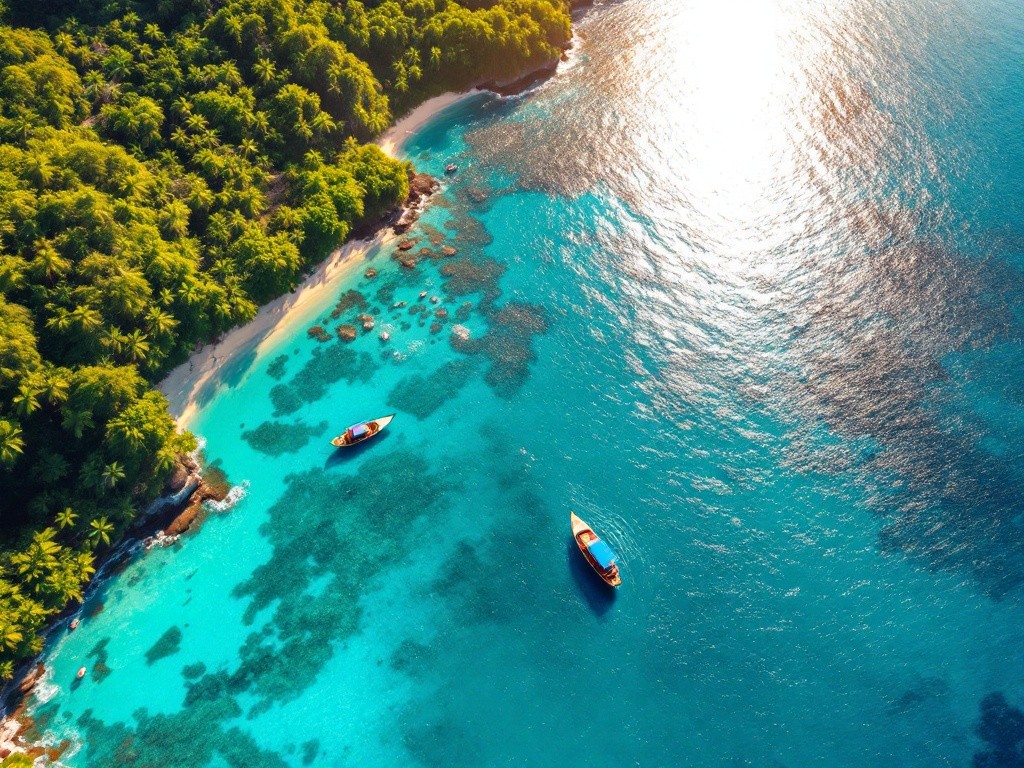 Aerial view of a tropical beach with crystal-clear turquoise water and two boats.
