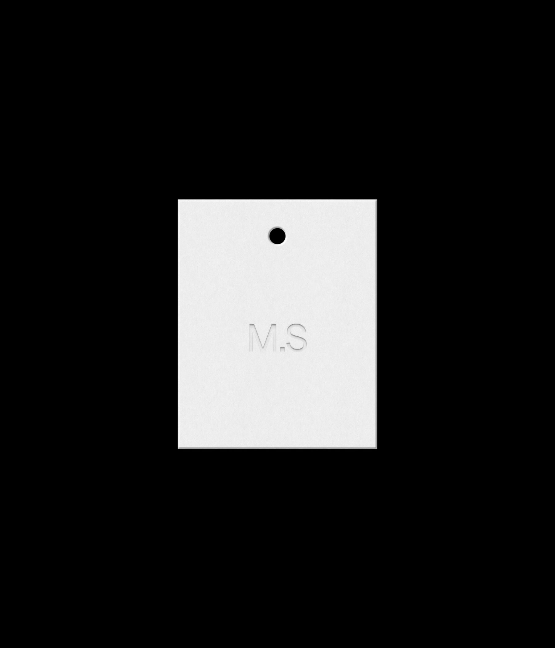 White 4x5 hang tag mockup on black background with realistic debossed logo effect and shadow for Photoshop download psd