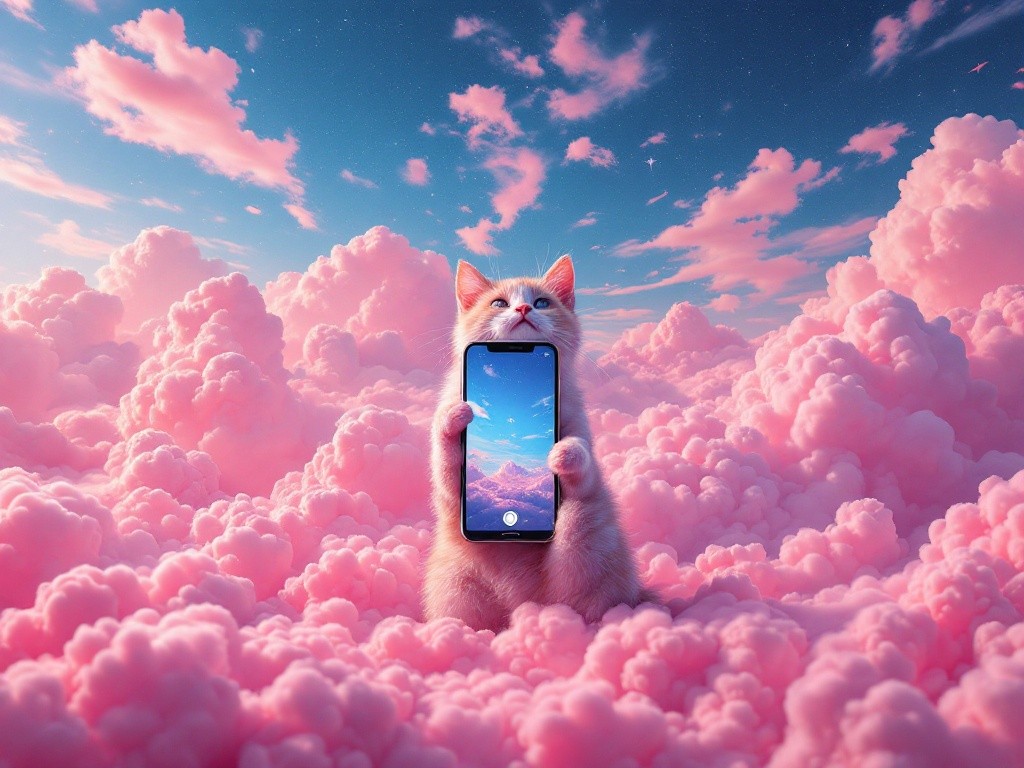 A kitten sitting in pink clouds holding a phone that displays a scenic view.