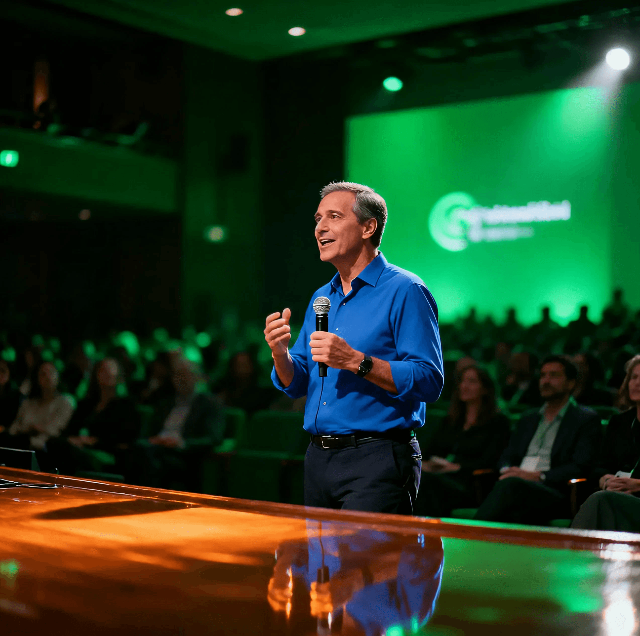 Young female speaker in a green sweater talking into a microphone at a conference or event.