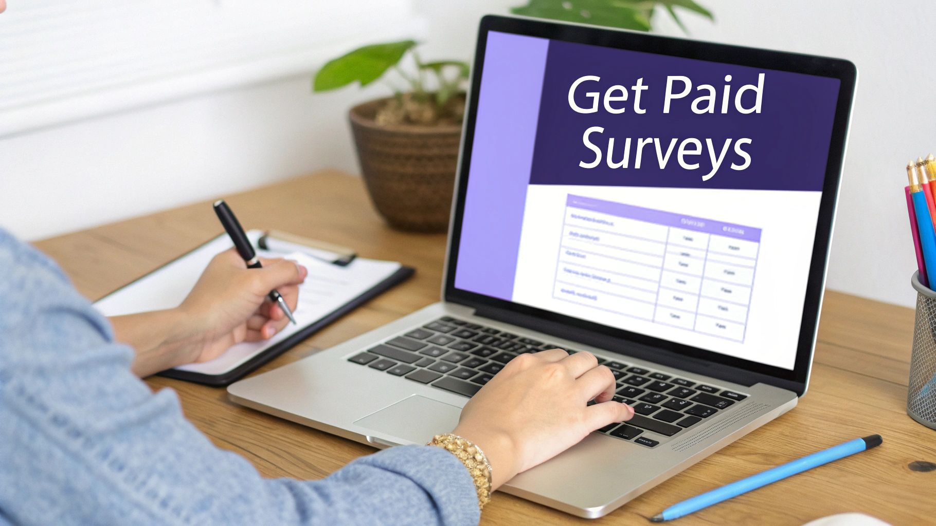 A person takes notes on a clipboard while looking at a laptop with 'Get Paid Surveys' on screen.