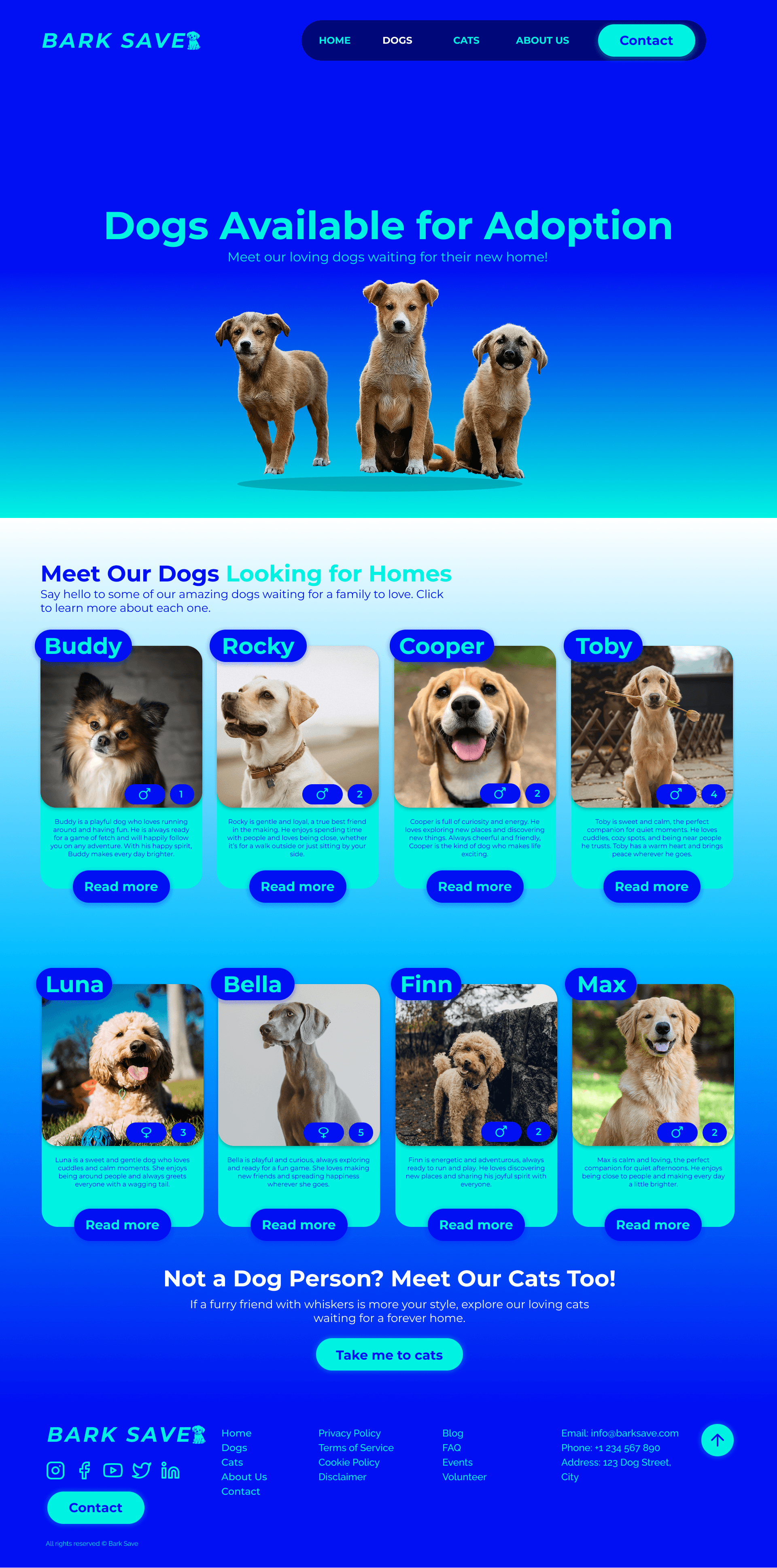 Adopsjonsside fra BarkSave-prosjektet – viser oversikt over hunder til adopsjon