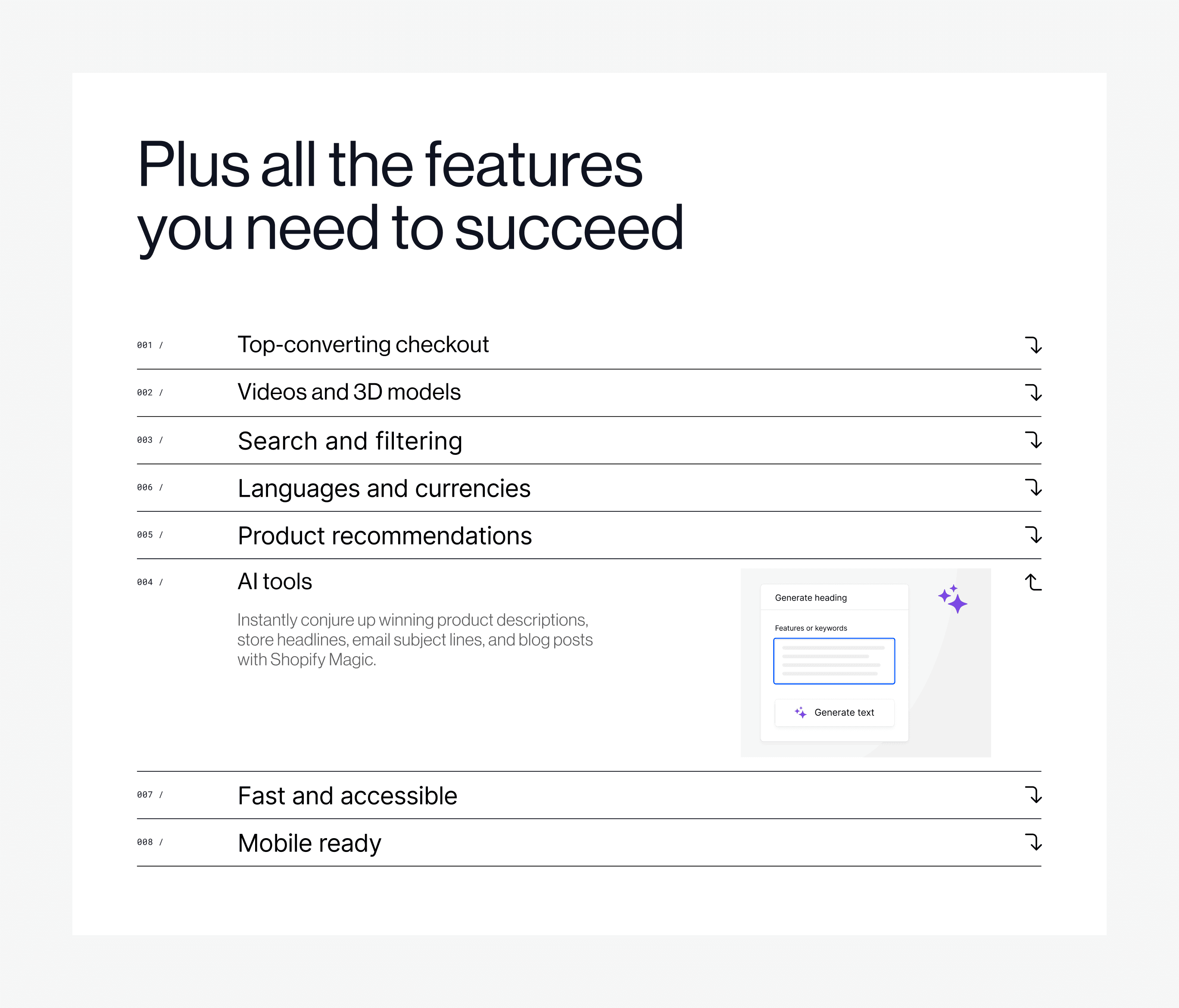 Features section displaying "out of the box" features that are included with Shopify