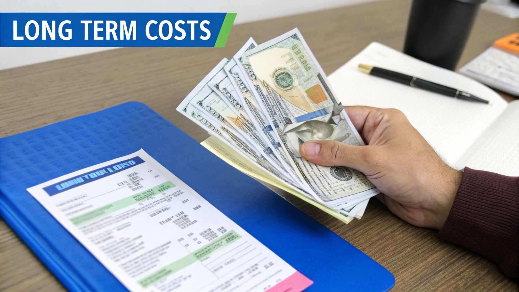 A person's hand holds a stack of US dollar bills over financial documents, emphasizing long term costs.