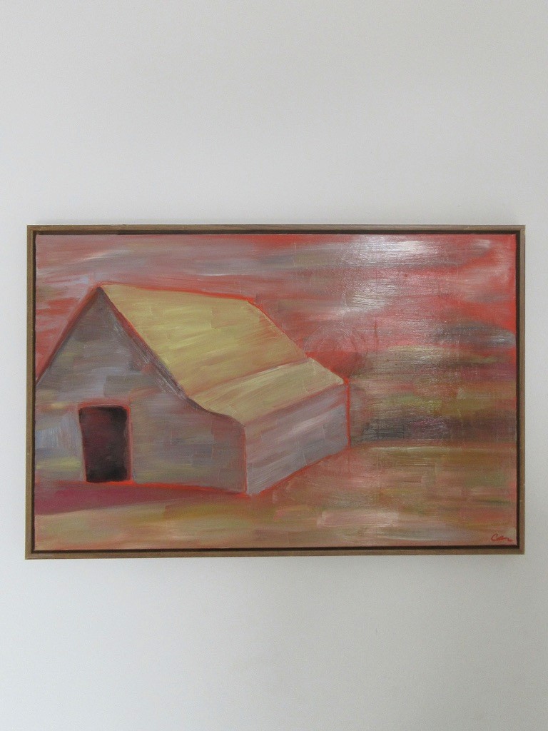 Simple painting of a small red house against a muted sky