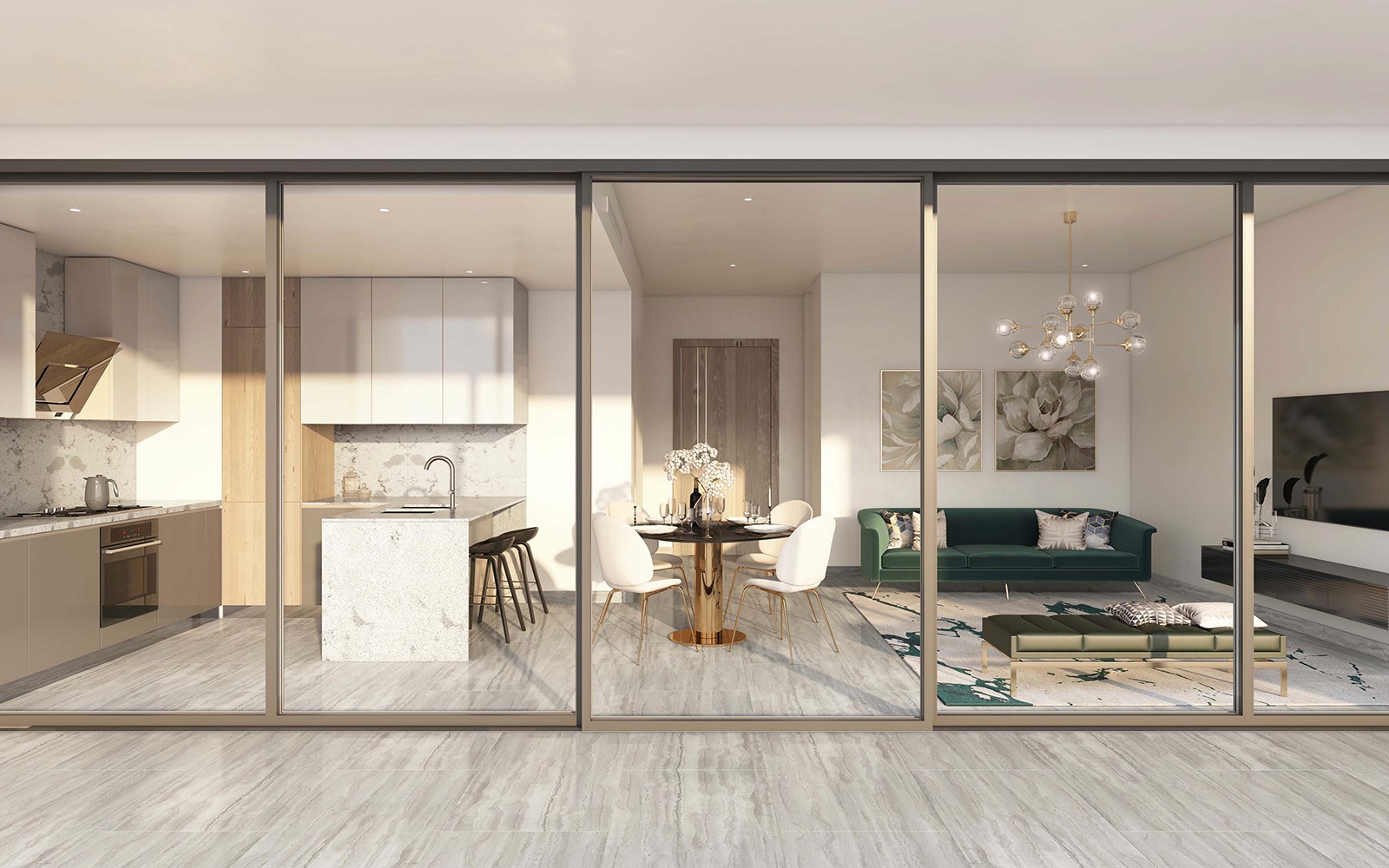 A modern living room featuring sliding glass doors that open to a bright outdoor space, showcasing Peninsula One's design.