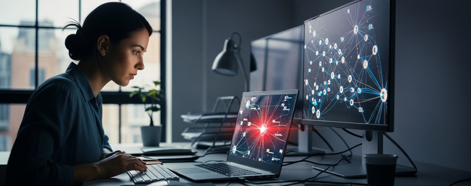 Woman working at a computer.