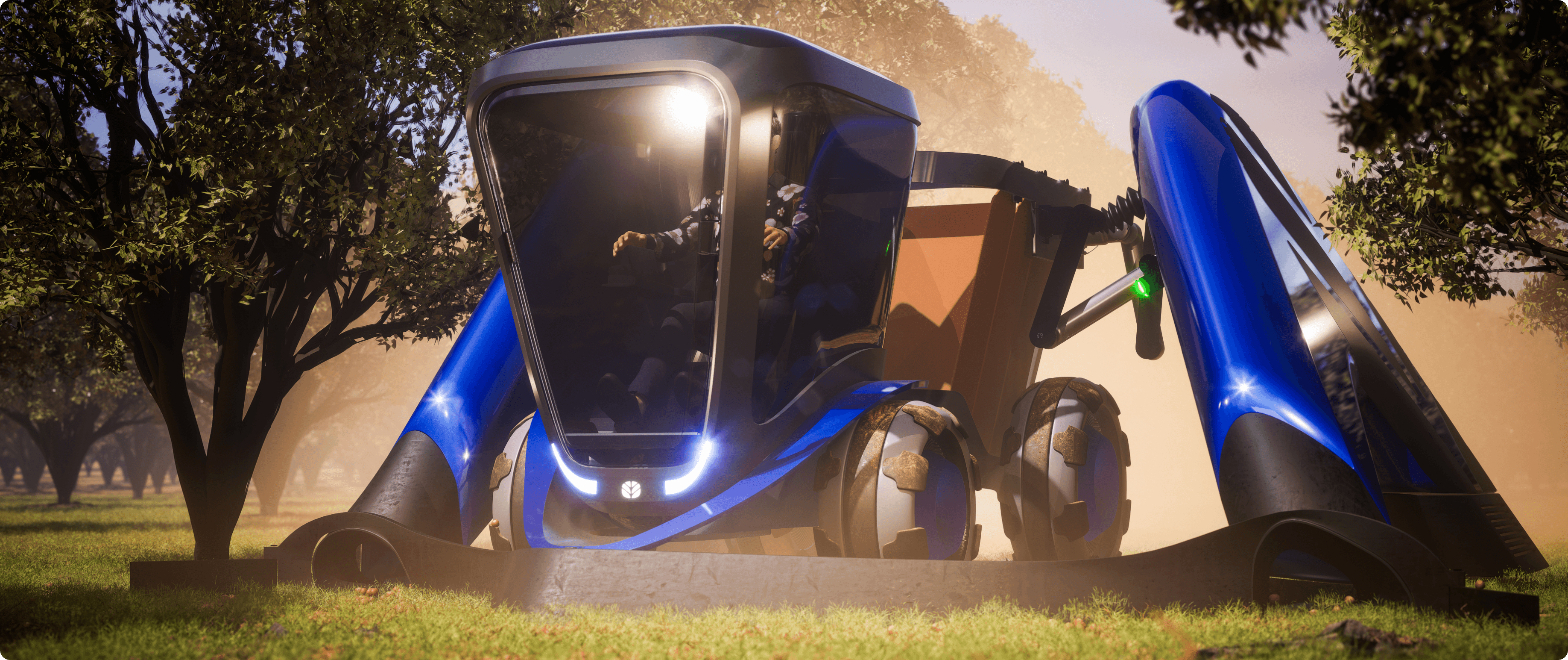 A cinematic hero render of Skeleton design of DUMBO-A Hazelnut Harvster done in Unreal Engine 5.