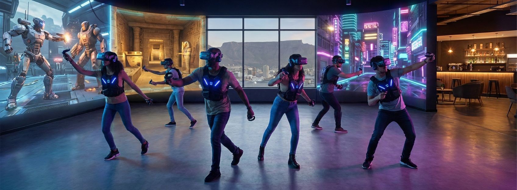 Multiple players wearing VR headsets and haptic vests moving freely across a large indoor arena floor, with a digital projection of the Cape Town skyline in the background.
