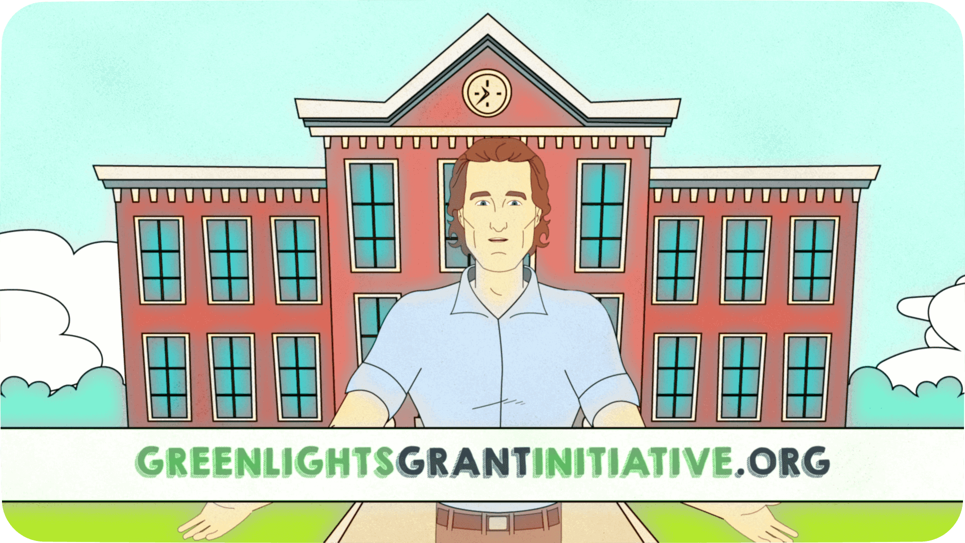 Illustrated figure standing in front of a civic-style building with a banner reading “greenlightsgrantinitiative.org,” representing a grant or funding program announcement.