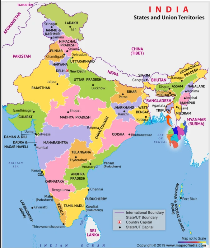 Colorful India map showing all states and capitals of India with boundaries and major cities.