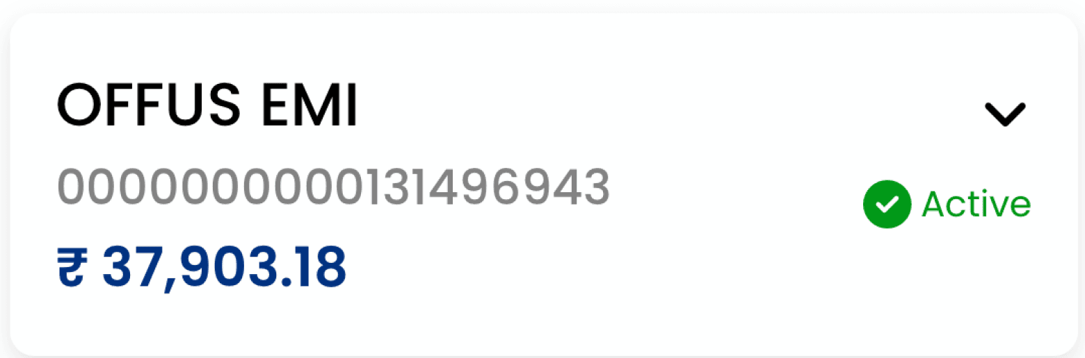 EMI record example showing OFFUS EMI, a long reference number, 37,903.18 rupees, Active