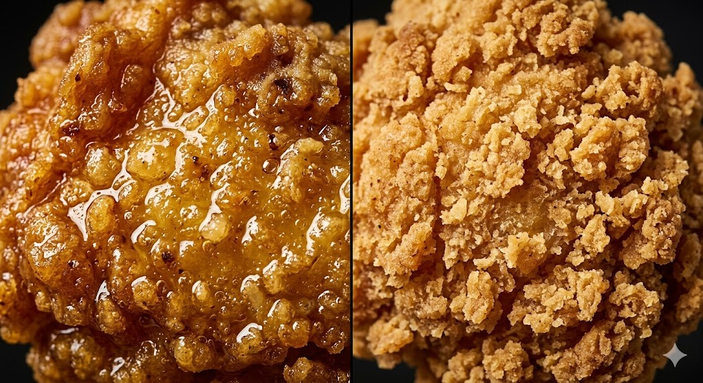 Extreme macro photograph comparing oil absorption in deep-fried versus air-fried chicken crust. The left side shows greasy, saturated breading with visible oil droplets and shiny texture. The right side shows dry, crispy air-fried coating with minimal oil residue. Ultra-detailed food texture, realistic close-up photography.