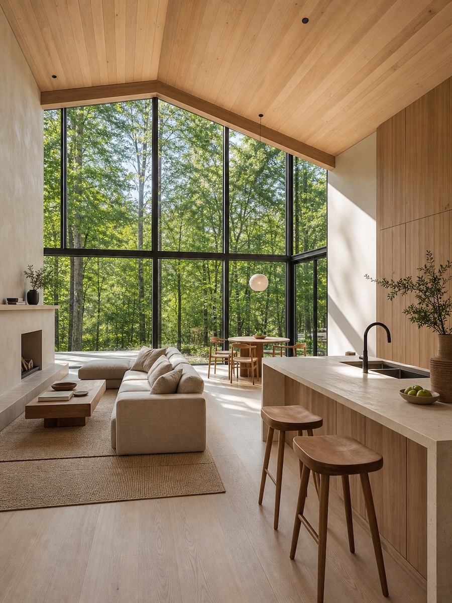 Open-plan kitchen and living room with a wooden ceiling and a wall of forest-facing glass