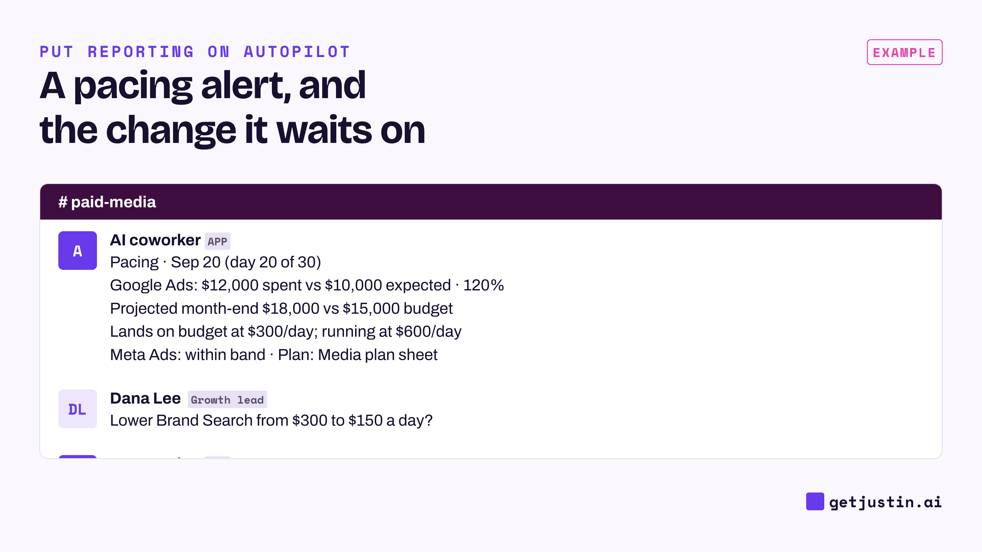 Example Slack thread: a pacing alert shows Google Ads at 120% on day 20; lowering a budget waits for approval.