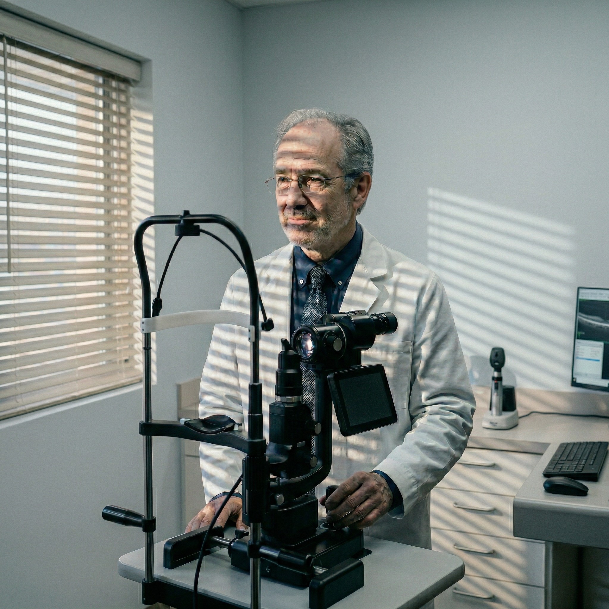 Ophthalmologist in white coat standing behind slit lamp in exam room with shadow lines from venetian blinds across his chest and OCT scan visible on monitor