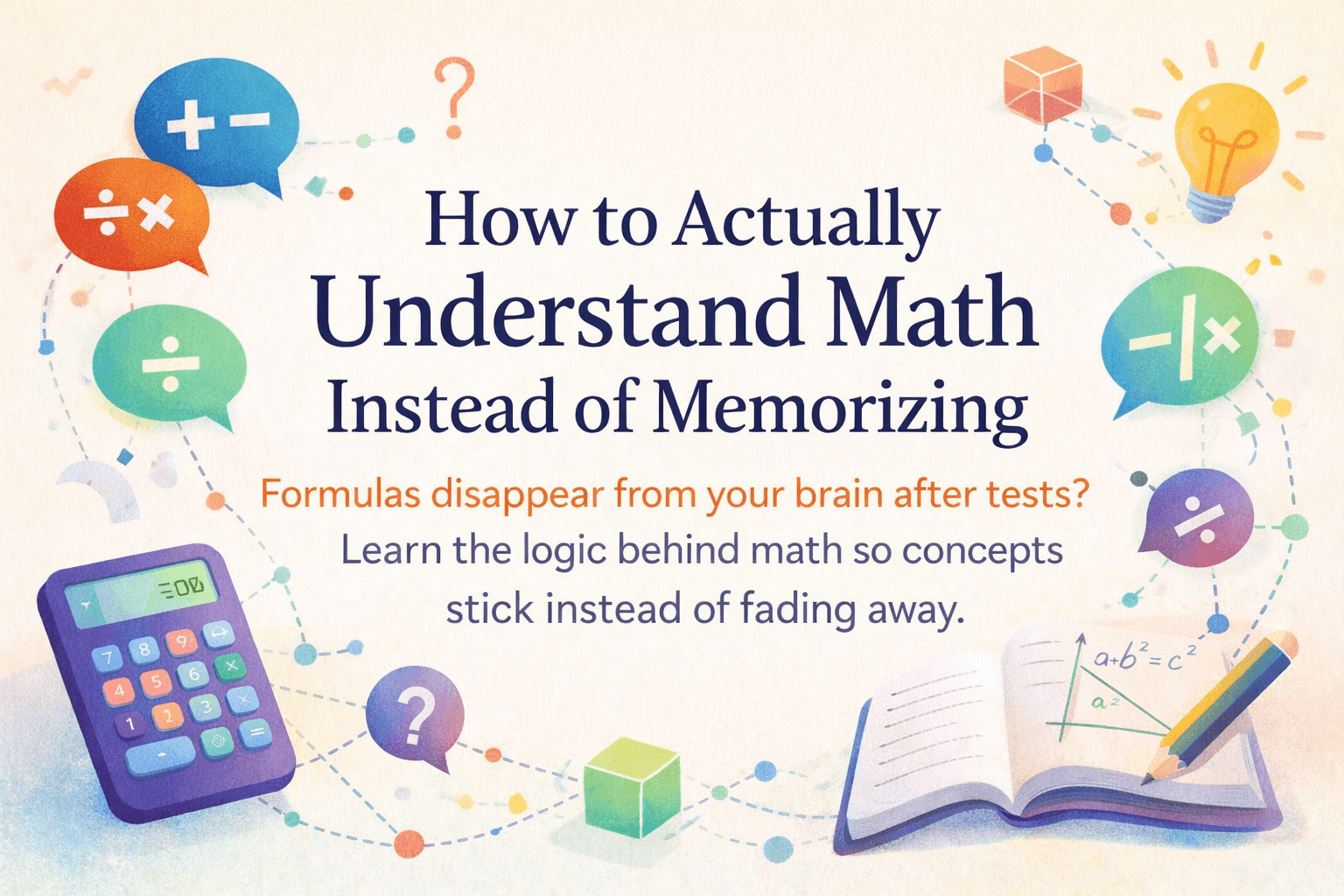 How to Actually Understand Math Instead of Memorizing with math icons, calculator, and notes showing logic over formulas.