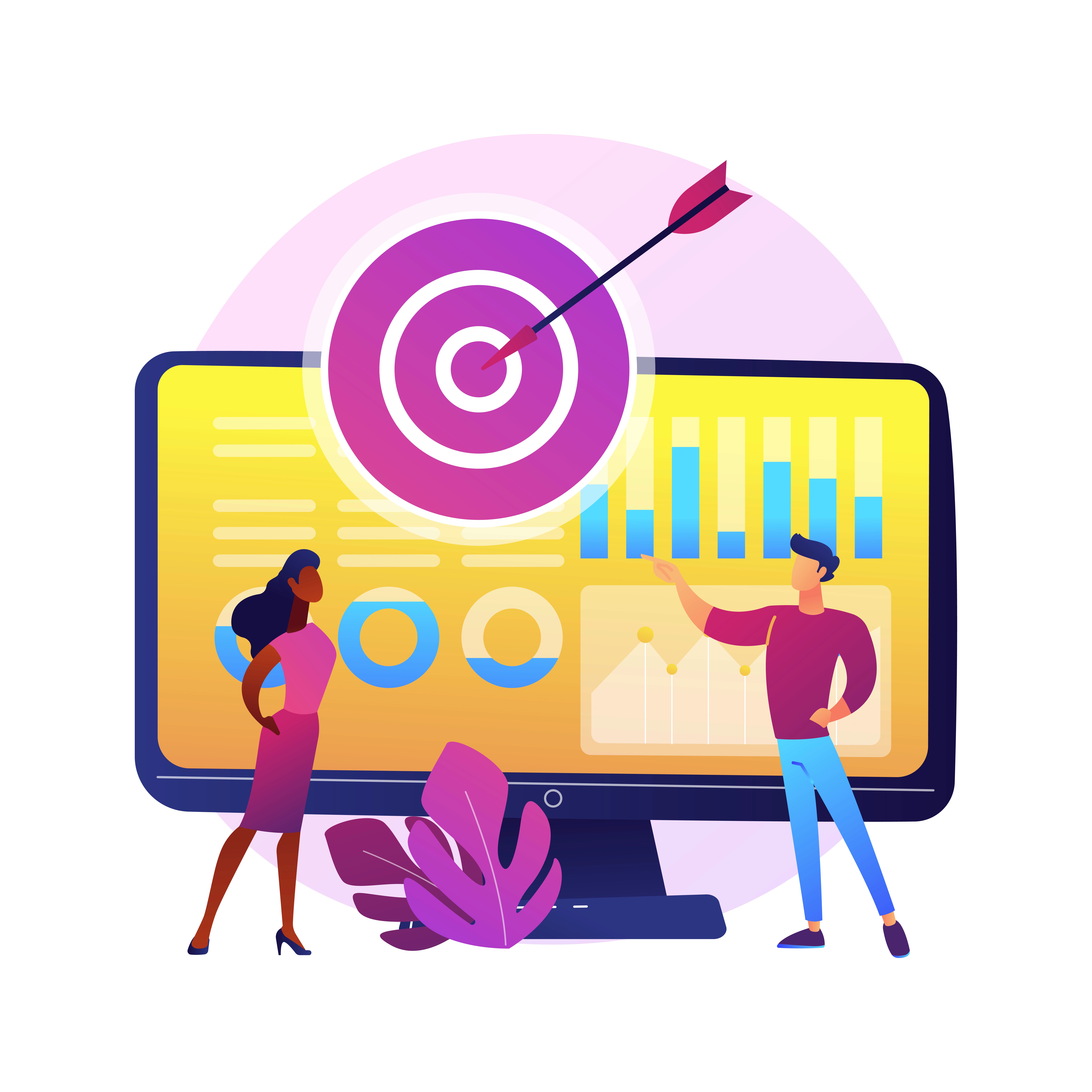 Two marketers reviewing a campaign performance dashboard with a bullseye target graphic overhead.